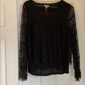 Pointelle Black Lace Long Sleeved Top